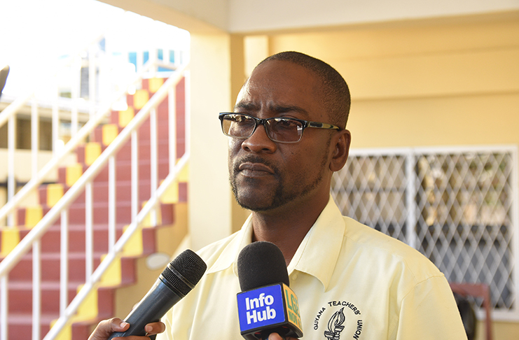 Guyana Teachers’ Union (GTU) President Mark Lyte speaks with the media after coming out of an attempted conciliation meeting convened by the Ministry of Social Protection’s Department of Labour (Samuel Maughn photo)