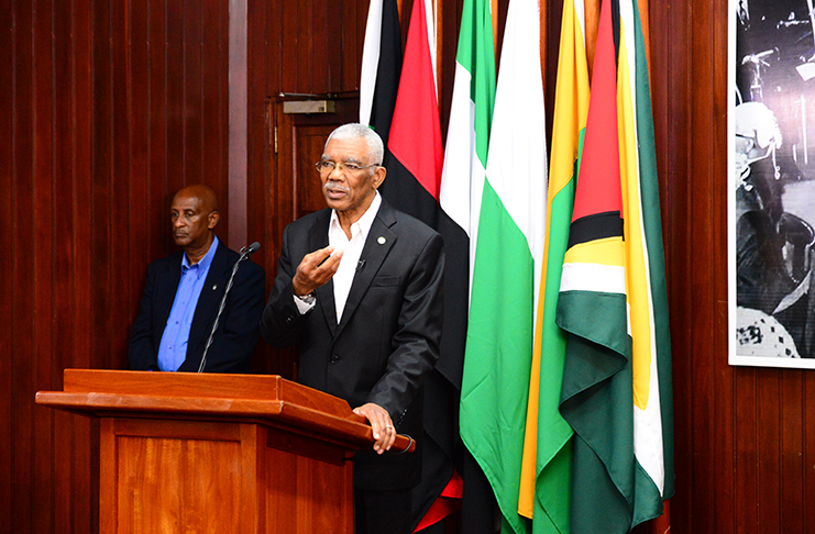 President David Granger addressing journalists at the Ministry of the Presidency on Friday during his press conference (Delano Williams Photo)