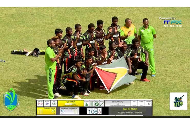 A jubilant Guyana team celebrate after capturing the Regional Under-19 50-Over title.