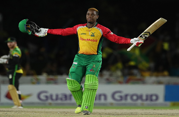 Shimron Hetmyer of Guyana Amazon Warriors celebrates his century during the Hero Caribbean Premier League match against Jamaica Tallawahs at the Central Broward Regional Park in Florida, United States on August 18, 2019. (PHOTO: CPL via Getty Images)