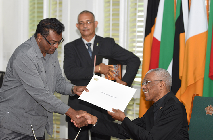 Minister of Public Security Khemraj Ramjattan was sworn in on Thursday by President David Granger to perform the functions of Prime Minister. Mr Nagamootoo has temporarily left the country to attend to private matters. (Samuel Maughn photo)