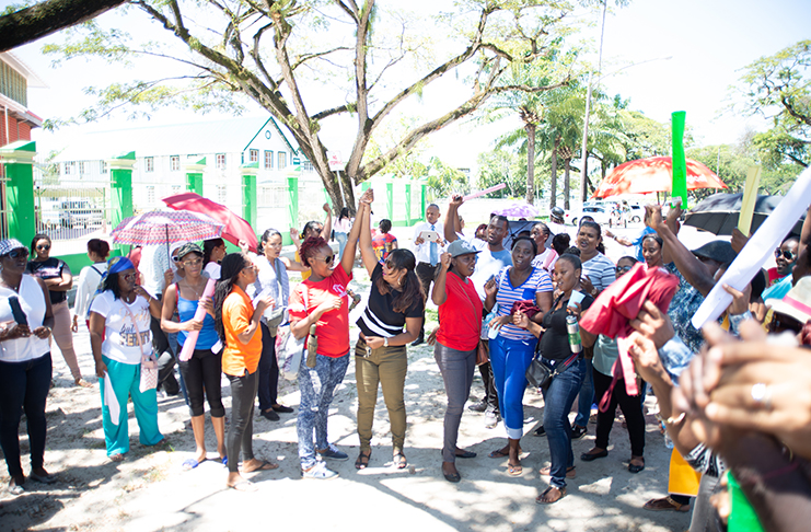 Teachers from the Georgetown district picketing in front of the Ministry of the Presidency on Monday (Delano Williams photo)