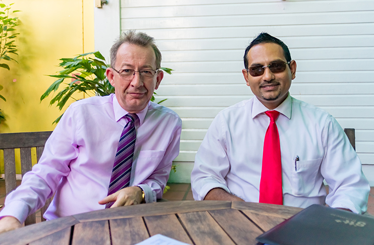 Former and present presidents of the Tourism & Hospitality Association of Guyana (THAG) Shaun McGrath (left) and Mitra Ramkumar (Delano Williams photo)