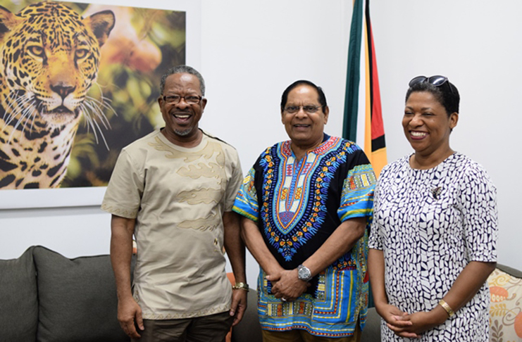 (In the photo, from left) Vice-Chancellor of the University of Guyana, Professor Ivelaw Griffith, Prime Minister Moses Nagamootoo and Deputy Vice-Chancellor, Planning and International Engagement, Dr. Barbara Reynolds