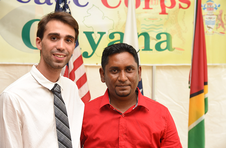 Headteacher of Mashabo Primary in Region 2 (Pomeroon-Supenaam) Modi Beepat and Peace Corps Volunteer Grayson Manzi (Samuel Maughn photo)