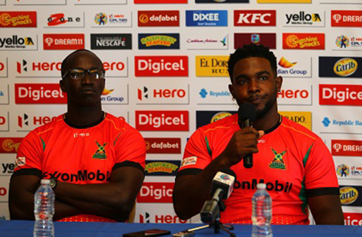 

Guyana Amazon Warriors assistant coach Rayon Griffith (left) and all-rounder Roshon Primus during yesterday’s media conference. (Photo courtesy CPL)