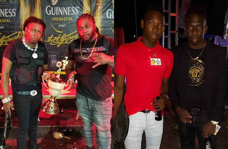 DJ Magnum and Seen Up display their hardware (right), after prevailing over Delly Ranks  and Selecta Thunda (right) Empire Media Inc photo.
