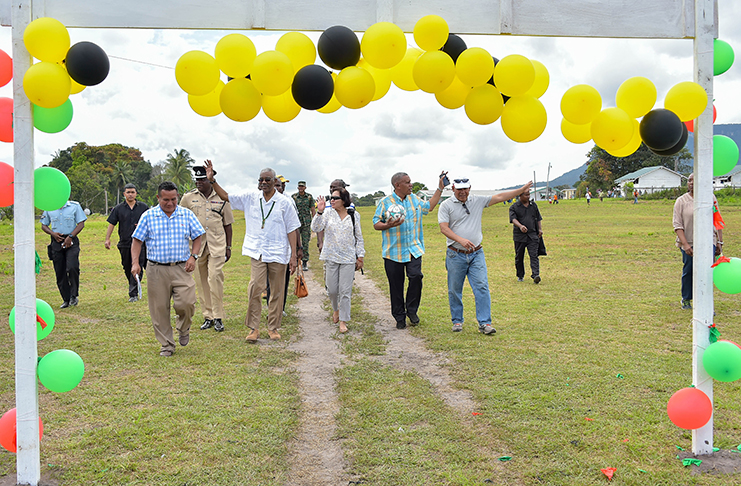 President David Granger and First Lady Sandra Granger accompanied by officials, arrive for the Annual District Games at the Waramadong Sports Complex, Region Seven (Ministry of the Presidency photo)