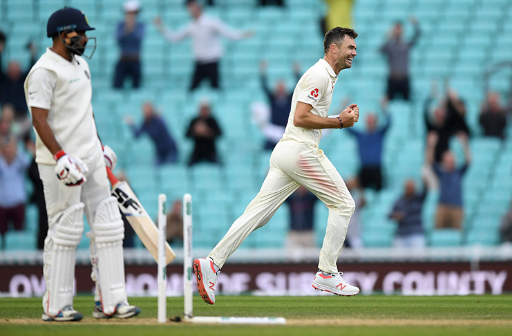 James Anderson uproots the middle stump of Mohammad Shami to surpass Glenn McGrath's tally of 563 wickets and seal the series 4-1. (Getty Images)