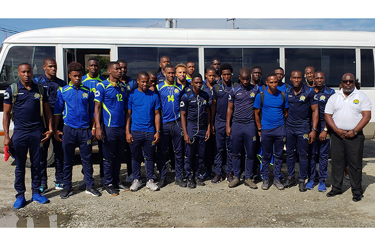 The Barbados National Football team, upon their arrival at the Eugene F. Correia International Airport. (Rawle Toney photo)