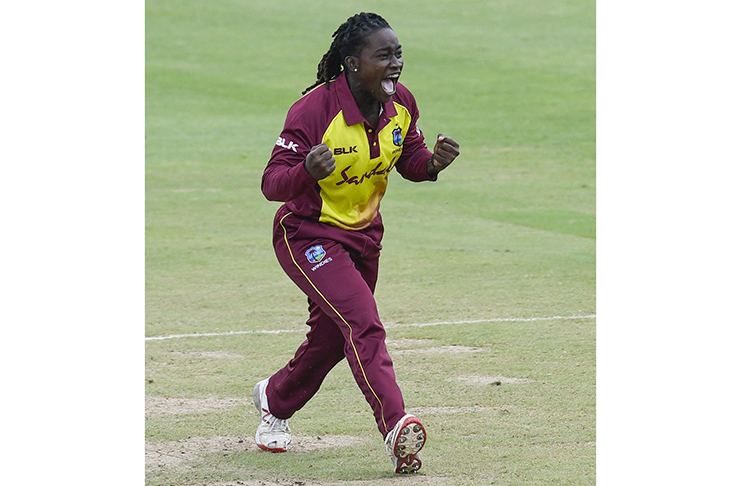 Seamer Deandra Dottin celebrates one of her three wickets during a Player-of-the-Match performance yesterday. (Photo courtesy CWI Media)