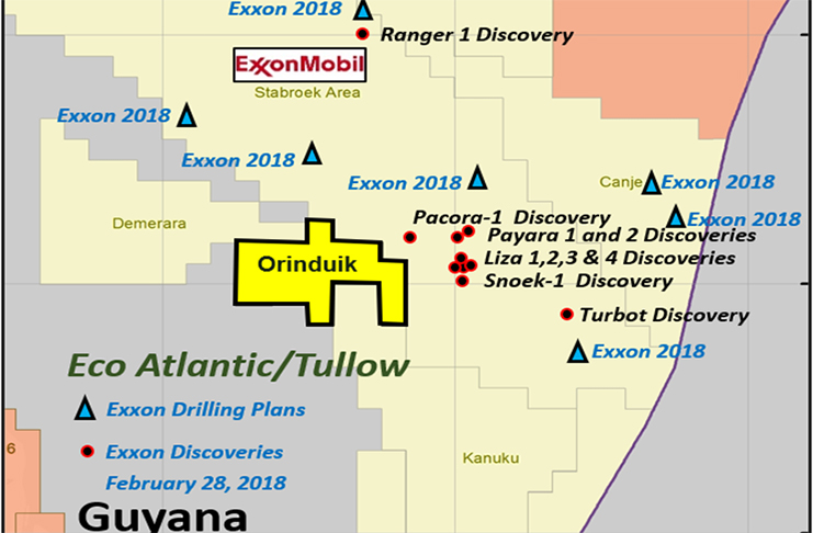 This image taken from Eco Atlantic Oil & Gas shows the Orinduk Block along with the Stabroek Block where U.S. oil giant ExxonMobil has made nine oil discoveries to date.
