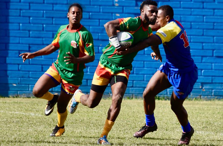 Godfrey Broomes (first from left) and Claudius Butts in action during a recent outing for the ‘Green Machine’.