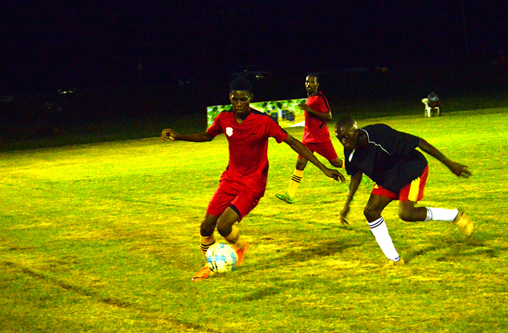 This Adrian Narine photo shows the tenseness of the first quarter-final of the Limacol 2018 tournament between Beacon FC and Riddim Squad at the Ministry of Educaiton ground.