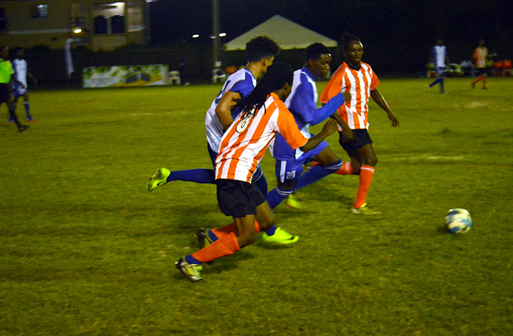 GFC (blue and white) drew their encounter against Camptown FC (orange and white) on Friday evening at the Ministry of Education Ground, Carifesta Avenue