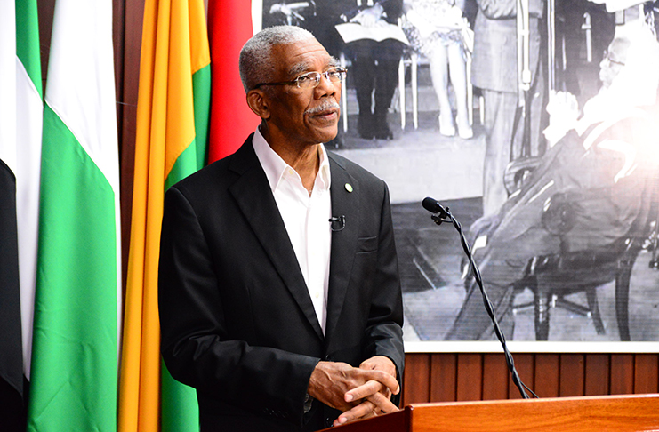 President David Granger addressing reporters on his government’s move to remove custodial sentences for possession of small amounts of marijuana