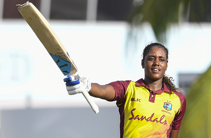 Opener Hayley Matthews celebrates reaching her classy  century against South Africa on Saturday (Photo courtesy CWI Media)