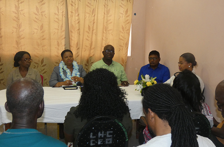 Minister of Public Health, Volda Lawrence, addressing the audience at the simple ceremony of  installation of the LHC Management Committee. Also at the head table are: Matron Annette Jones, Chairman of the committee, Mortimer Mingo, CEO of LHC Dr Mohammed Riyasat and Medical Superintendent, Dr Remeeza McDonald