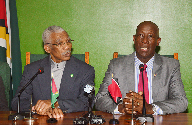 President Granger and Prime Minister of Trinidad and Tobago Dr. Keith Rowley, fielding questions from reporters during a press conference held immediately after  signing  the MoU at State House on Wednesday