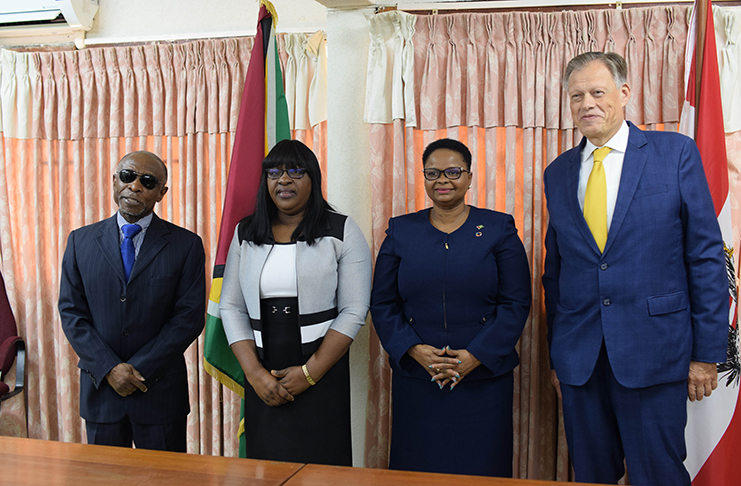 (from left to right) Minister of Foreign Affairs Carl Greenidge; Minister within the Ministry of Public Health, Dr Karen Cummings; Minister of Public Health, Volda Lawrence and Dr Gernot Grimm, Head of Staff of the Austrian Ministry for Transport, Innovation and Technology