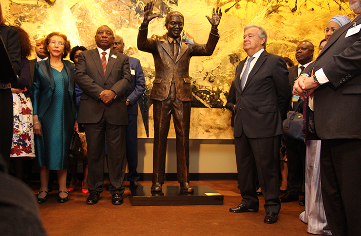 President of the Republic of South Africa, Mr. Cyril Ramaphosa, and United Nations Secretary-General António Guterres, standing alongside the statue of Nelson Mandela