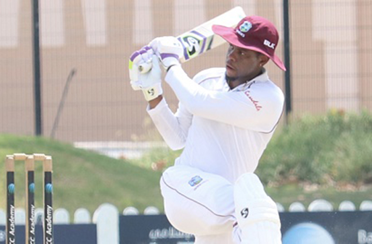 Left-hander Shimron Hetmyer plays through the onside during his top score of 60 in the West Indies practice game on Sunday. (Photo courtesy CWI Media)