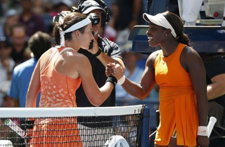 Anastasija Sevastova of Latvia (left) greets Sloane Stephens of the United States (right) after a quarter-final match on day nine of the 2018 U.S. Open tennis tournament, at USTA Billie Jean King National Tennis Center. (Mandatory Credit: Jerry Lai-USA TODAY Sports)