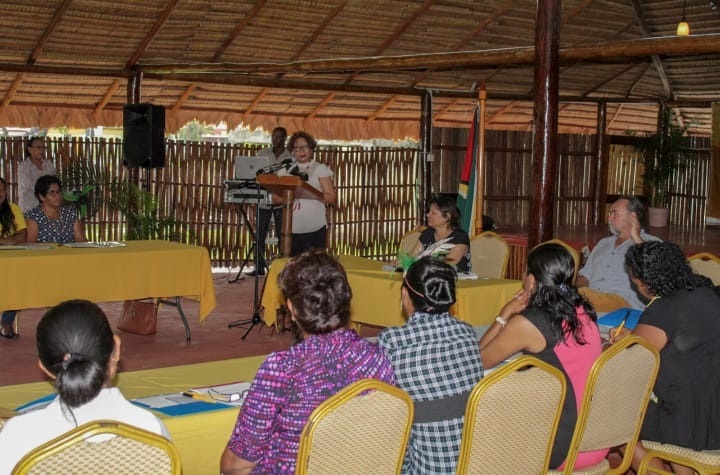 Minister within the Ministry of Indigenous People’s Affairs Valerie Garrido-Lowe addressing the female toshaos