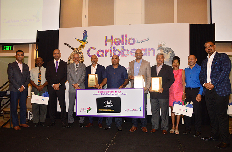 At (centre) is the Executive Gold Awardee Mr Abdool Hamid, along with other top awardees of GBTI, DDL, GT&T and CEO of Caribbean Airlines Garvin Medera