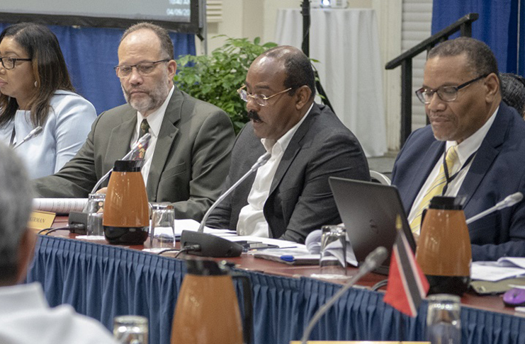 Prime Minister of Antigua and Barbuda, Gaston Browne (third from left) along with Caricom Secretary General, Irwin LaRocque and other officials at the meeting