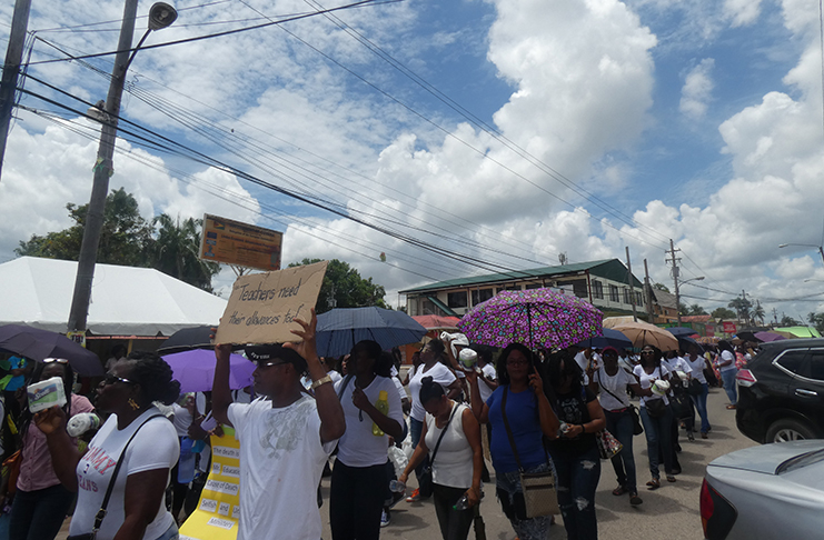 Linden teachers participating in strike action on Tuesday