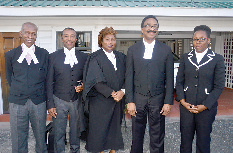 L-R: Barbadian Queens Counsels Hal Gallop and Ralph Thorne; Solicitor General, Kim Kyte, Attorney General and Minister of Legal Affairs, Basil Williams; Principal Legal Adviser Tiffany Castello.