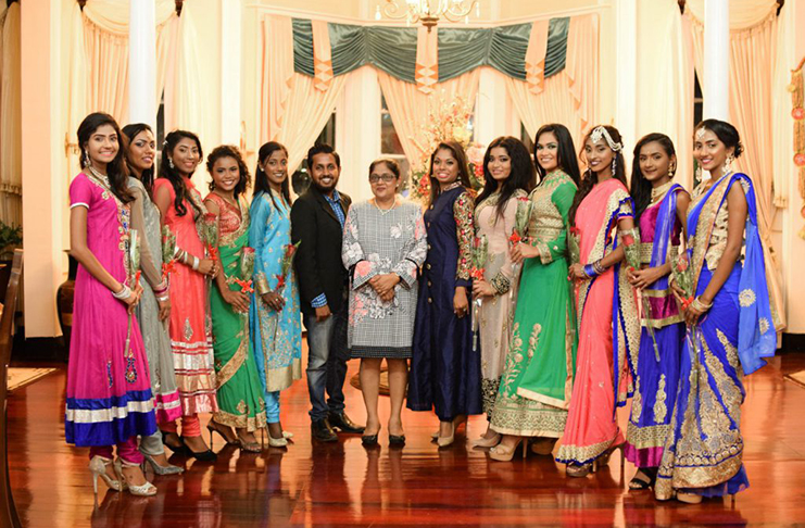 Sita Nagamootoo, wife of Prime Minister Moses Nagamootoo with  delegates of the Miss India-Guyana 2018 Pageant and franchise holders Hashim Ali and Melicia Partab-Ali (DPI photo)