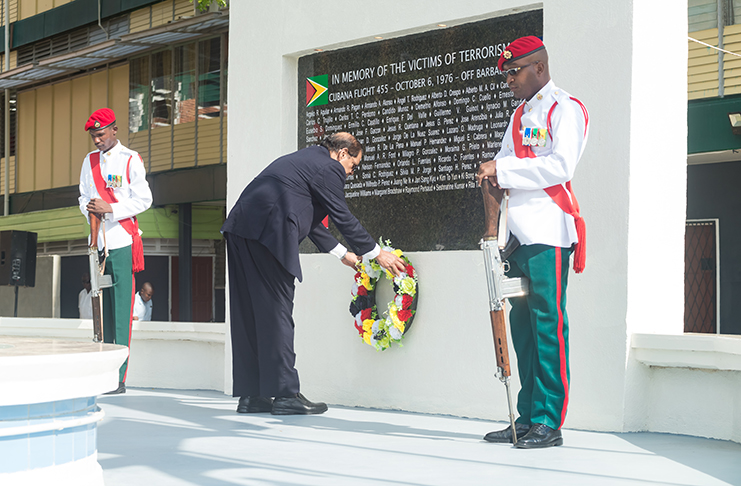 Prime Minister Moses Nagamootoo laying a wreath in observance of the 42nd Anniversary of the Cubana Air Disaster (Delano Williams Photos)