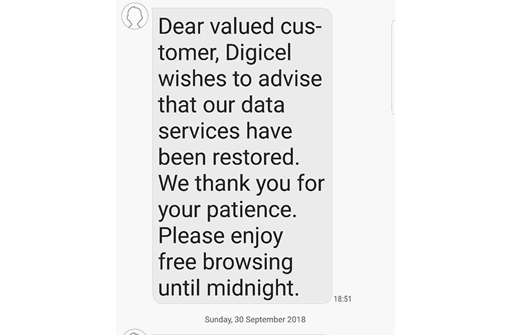 A message which Digicel sent to its network subscribers recently