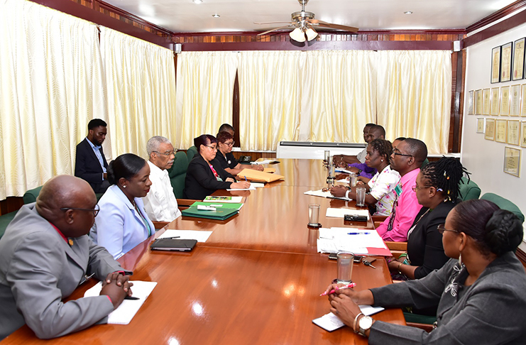 President David Granger, third from left, and Minister of Education, Nicolette Henry (at the President's right) during a meeting with officials of the Ministry of Education and the Guyana Teachers Union. (Ministry of the Presidency photo)