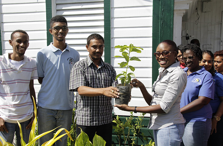 Principal Assistant Secretary (General), Mr. Kapildeo Loknauth hands over one of the plants to a MoE staff