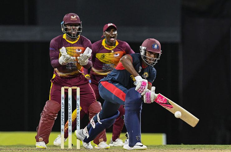 Left-hander Kjorn Ottley plays through the onside during his half-century against Leeward Islands Hurricanes on Monday. (Photo courtesy CWI Media)