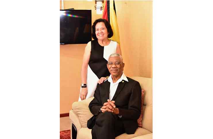 President David Granger and First Lady, Mrs. Sandra Granger at the Cheddi Jagan International Airport this morning.