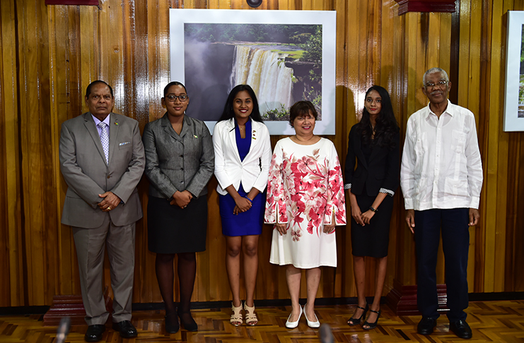 From left: Prime Minister Moses Nagamootoo, Prime Minister for the Day, Ms. Delicia George, Canada's High Commissioner for the Day, Ms. Sara Mohan, Canada's High Commissioner to Guyana, Ms. Lilian Chatterjee , President for the Day, Ms. Renuka Persaud and President David Granger.
