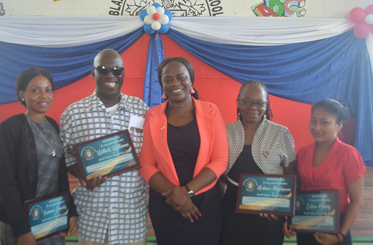 The four teachers who were honoured L-R Towanna Connely; Wilburg Williams; (REDO) Ms. Tiffany Favourite-Harvey; Miss Colleen Henry and Miss Eleanor Hopkinson