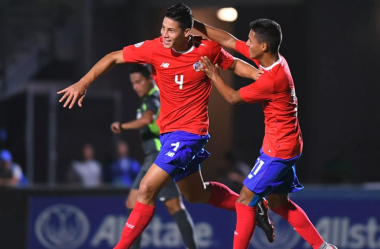 Alexis Gamboa (#4) of Costa Rica is congratulated by his teammate Andres Gomez after scoring against St. Lucia in Group E of the CONCACAF Under 20 Championship on November 9, 2018 at IMG Academy in Bradenton, Florida.