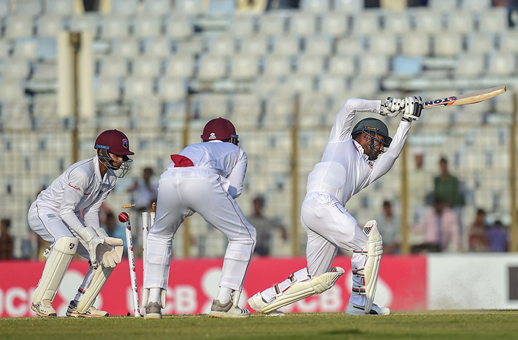 Imrul Kayes is bowled trying to drive, Bangladesh v West Indies, 1st Test, Chattogram, 2nd day, yesterday.