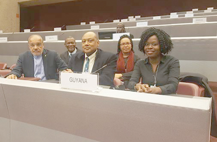 The Guyanese delegation at the meeting. 
From left (front row) Ambassador and Permanent Resident of Guyana to the United Nations and Office and Other International Organisations at Geneva and the WTO,  Dr. John Deep Ford; Minister of Natural Resources Raphael Trotman; and MNR Project Officer Mariscia Charles.
Right back row :  Environmental Protection Agency representative Felicia Adams-Kellman and the Guyana Geology and Mines Commission Carlos Todd. (Ministry of Natural Resources photo)