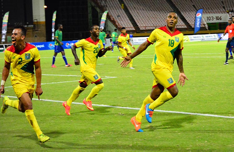 Let’s roar! (L-R) Neil Danns, Trayonn Bobb and Captain Samuel Cox will be key in Coach Michael Johnson’s quest for victory against French Guiana tonight. (Samuel Maughn photo)
