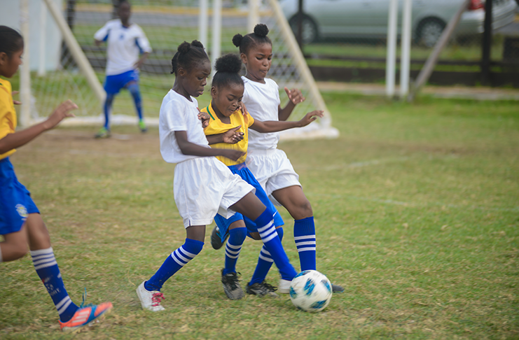 West Ruimveldt (blue and gold) were victorious over Enterprise (2-0) on the opening day of the Smalta Girls U-11 Football tournament. (Delano Williams photo)