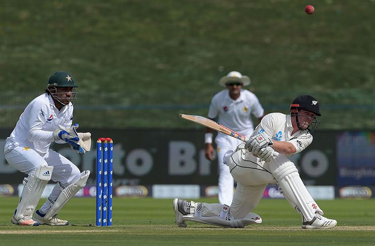 Henry Nicholls goes hard with a sweep shot, Pakistan v New Zealand, 1st Test, Abu Dhabi, 1st day yesterday.