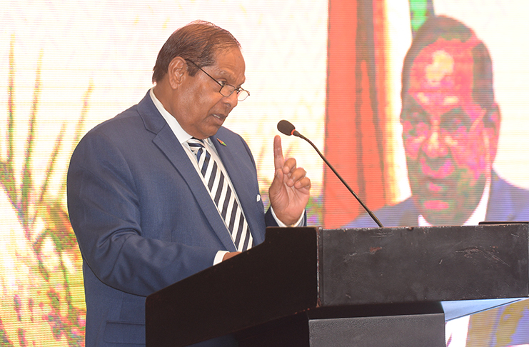 Prime Minister Moses Nagamootoo speaking about the aviation industry at the launch of the air transport meeting on Wednesday (Samuel Maughn photo)
