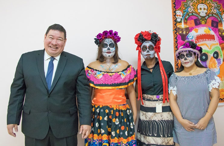 Mexican Ambassador to Guyana Ivan Roberto Sierra Medel and staff dressed as La Catrina (DPI photo)