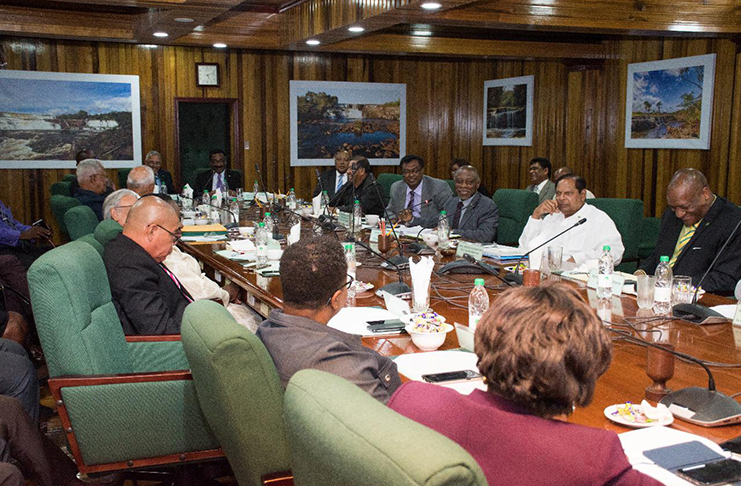 Prime Minister Moses Nagamootoo and his Members of Parliament during their briefing at the Ministry of the Presidency